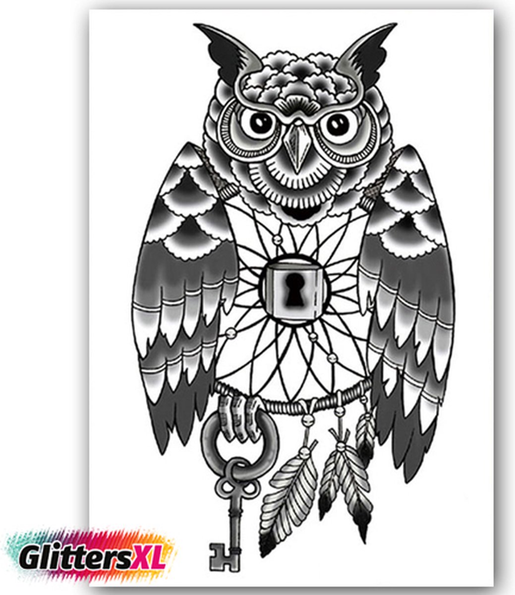 GlittersXL - Temporary Tattoo Uil met sleutel (A5 formaat) [Neptattoo - Tijdelijke tatoeage - Nep Fake Tattoos - Water overdraagbare festival sticker henna outfit tattoo - Glitter tattoo - Volwassenen Kinderen Jongen Meisje]